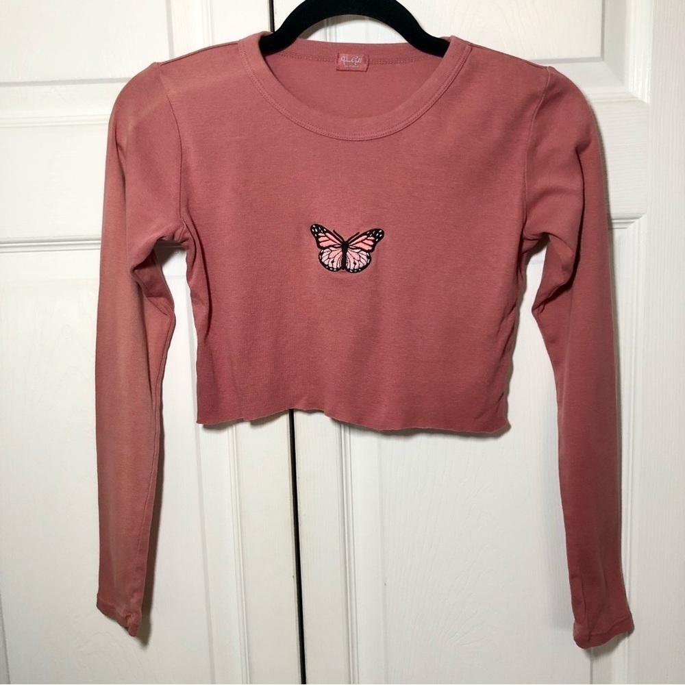John Galt Brandy Melville Vintage Style Pink Crop Faded Butterfly Shirt OS